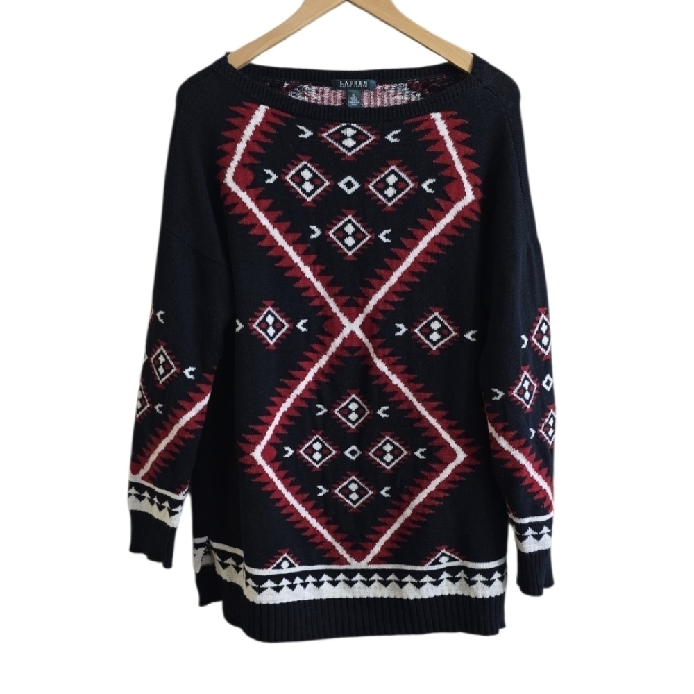 Vintage Lauren Ralph Lauren Women's Aztec Print Boatneck Sweater. Size XL
